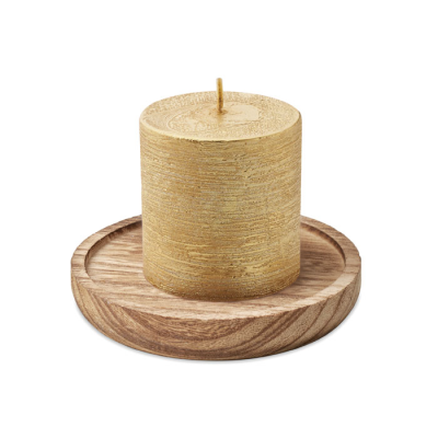 Picture of CANDLE ON ROUND WOOD BASE in Gold.