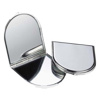 Picture of SILVER PLATED METAL ARCH SHAPE DOUBLE COMPACT HANDBAG MIRROR.