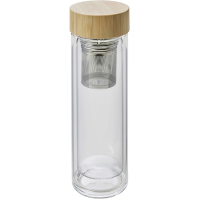 Picture of GLASS AND BAMBOO BOTTLE with Tea Infuser (420 Ml) in Brown.