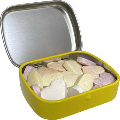 Picture of FLAT HINGED TIN with Fruit Heart Sweets in Yellow