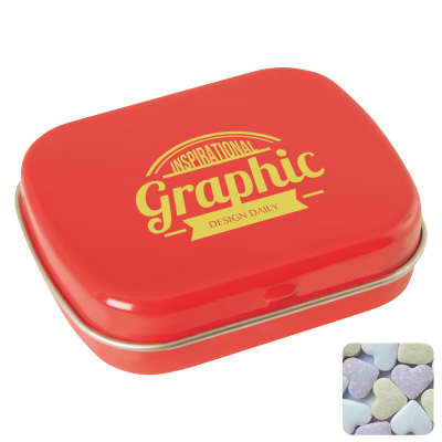 Picture of FLAT HINGED TIN with Fruit Heart Sweets in Red