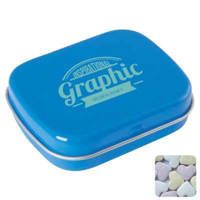 Picture of FLAT HINGED TIN with Fruit Heart Sweets in Light Blue