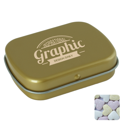 Picture of FLAT HINGED TIN with Fruit Heart Sweets in Gold