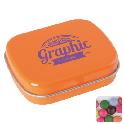 Picture of FLAT HINGED TIN with Chocos in Orange.