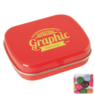 Picture of FLAT HINGED TIN with Chocos in Red.