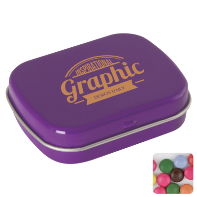 Picture of FLAT HINGED TIN with Chocos in Purple.