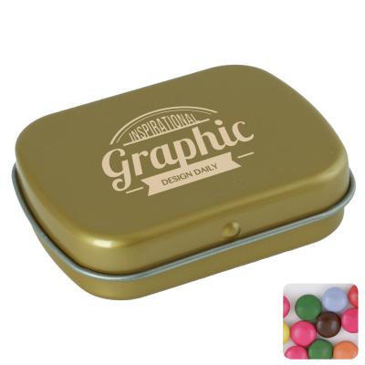 Picture of FLAT HINGED TIN with Chocos in Gold.