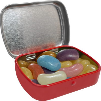 Picture of FLAT HINGED TIN with Jelly Beans in Red