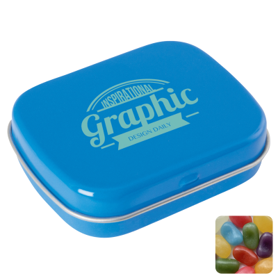 Picture of FLAT HINGED TIN with Jelly Beans in Light Blue