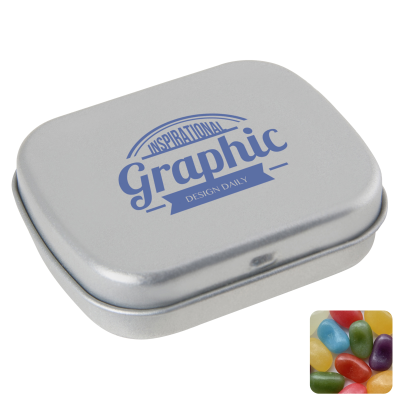 Picture of FLAT HINGED TIN with Jelly Beans in Silver