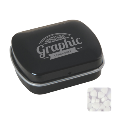 Picture of SMALL FLAT HINGED TIN with Sugar Free Mints in Black.