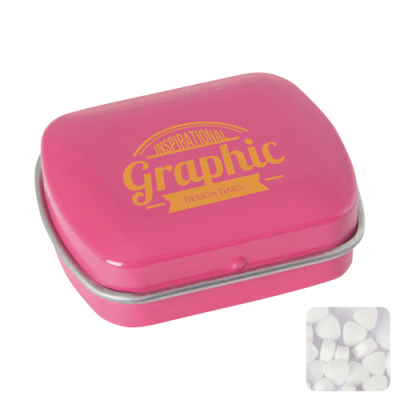 Picture of SMALL FLAT HINGED TIN with Sugar Free Mints in Pink.