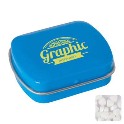Picture of SMALL FLAT HINGED TIN with Sugar Free Mints in Light Blue.