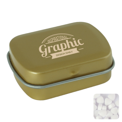 Picture of SMALL FLAT HINGED TIN with Sugar Free Mints in Gold.
