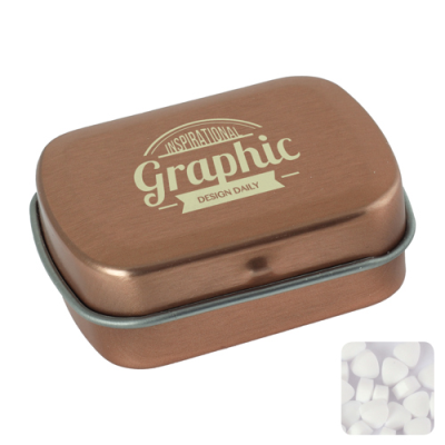 Picture of SMALL FLAT HINGED TIN with Sugar Free Mints in Rose Gold.