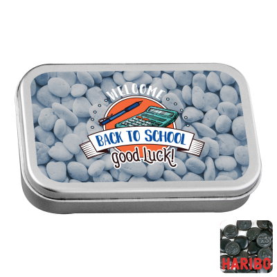 Picture of LARGE FLAT HINGED TIN with Haribo Liquorice in Silver