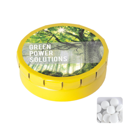 Picture of ROUND CLICK TIN with Dextrose Mints in Yellow.