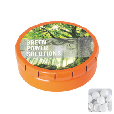 Picture of ROUND CLICK TIN with Dextrose Mints in Orange.