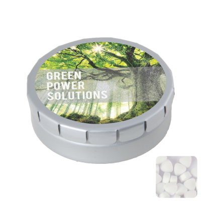 Picture of ROUND CLICK TIN with Sugar Free Mints in Pale Grey.