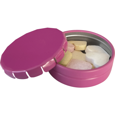 Picture of ROUND CLICK TIN with Fruit Heart Sweets in Pink