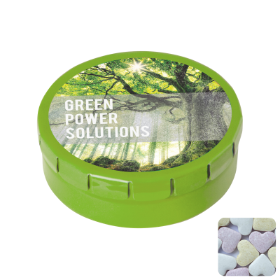 Picture of ROUND CLICK TIN with Fruit Heart Sweets in Pale Green