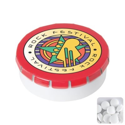 Picture of ROUND CLICK PLASTIC POT with Sugar Free Mints in Red.
