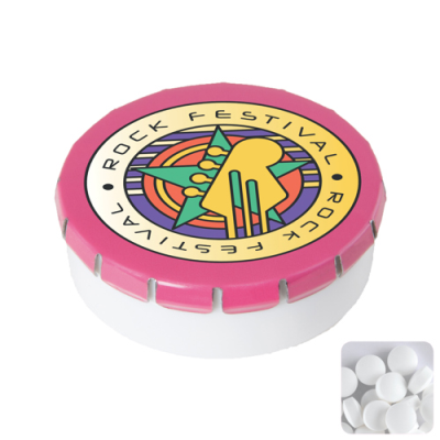 Picture of ROUND CLICK PLASTIC POT with Sugar Free Mints in Pink.