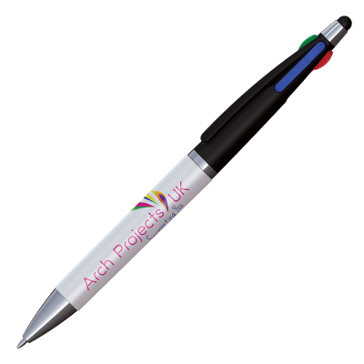 Picture of QUAD 4 in 1 Ball Pen with Stylus - White - Black