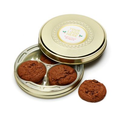 Picture of WINTER COLLECTION - SHALLOW GOLD TREAT TIN - BELGIAN CHOCOLATE COOKIE OR BISCUIT.