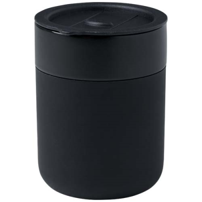 Picture of JAVA 330 ML CERAMIC POTTERY TUMBLER with Silicon Wrap & Plastic Lid in Solid Black.