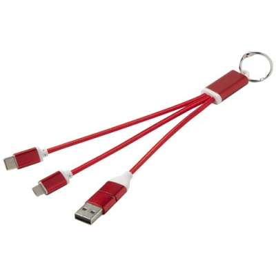 Picture of METAL 4-IN-1 RECYCLED ALUMINIUM METAL CHARGER CABLE with Keyring Chain in Red