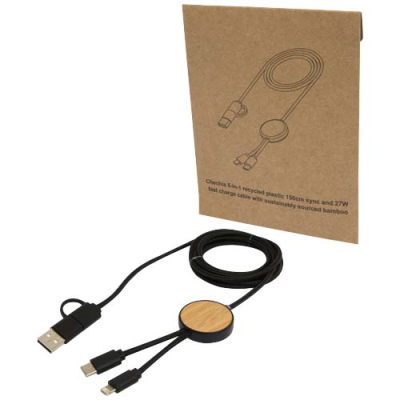 Picture of Chechia 5-in-1 recycled plastic 150 cm data sync and 27W fast charge cable with bamboo details