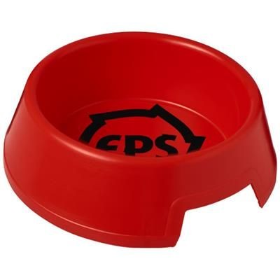 red plastic dog bowl