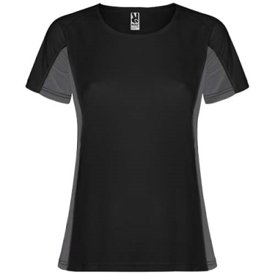 Picture of SHANGHAI SHORT SLEEVE WOMENS SPORTS TEE SHIRT in Solid Black & Dark Lead.