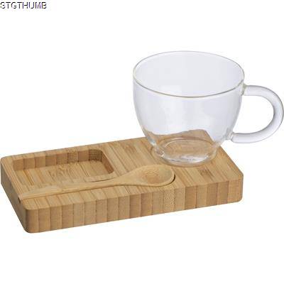 Picture of BAMBOO TRAY with Spoon & Glass Mug in Beige.