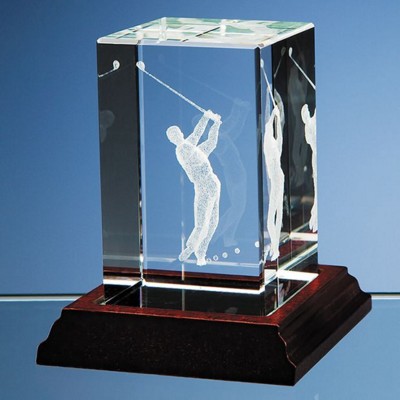 Picture of 3D DRIVING GOLFER IN OPTICAL CRYSTAL CUBE BLOCK; PRESENTATION BOX: INC