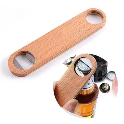 Picture of BAMBOO WOOD COVERED FLAT STAINLESS STEEL METAL LARGE BOTTLE OPENER.