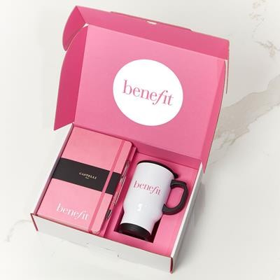 Picture of NOTE BOOK, PEN AND WHITE TRAVEL MUG PINK CORPORATE GIFT BOX.