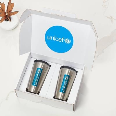 Picture of TWO SILVER TRAVEL TUMBLERS WHITE CORPORATE GIFT BOX.